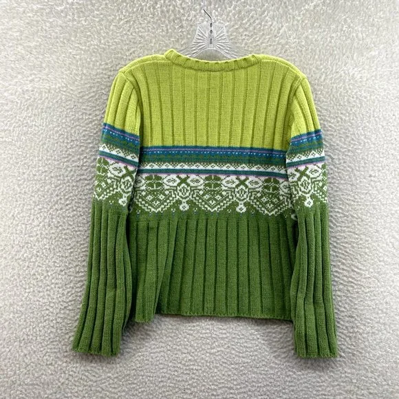 Y2K 2000s Faded Glory Green Fair Isle Icelandic Chenille Knit Sweater M Medium - Picture 2 of 7